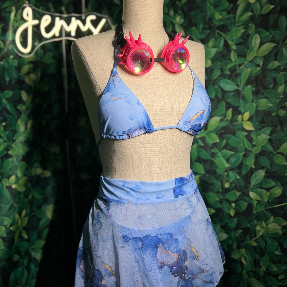 Liquid Sky Mesh Skirt Set – Blue Marble Two-Piece Festival Outfit